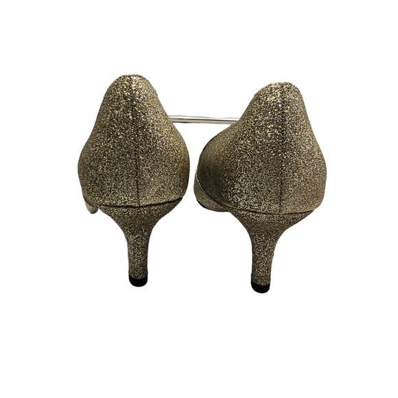 Gold Heels Womens Size 7.5 Sparkle Glitter Glam Wedding Dress Peep Toe Metallic - Picture 6 of 16